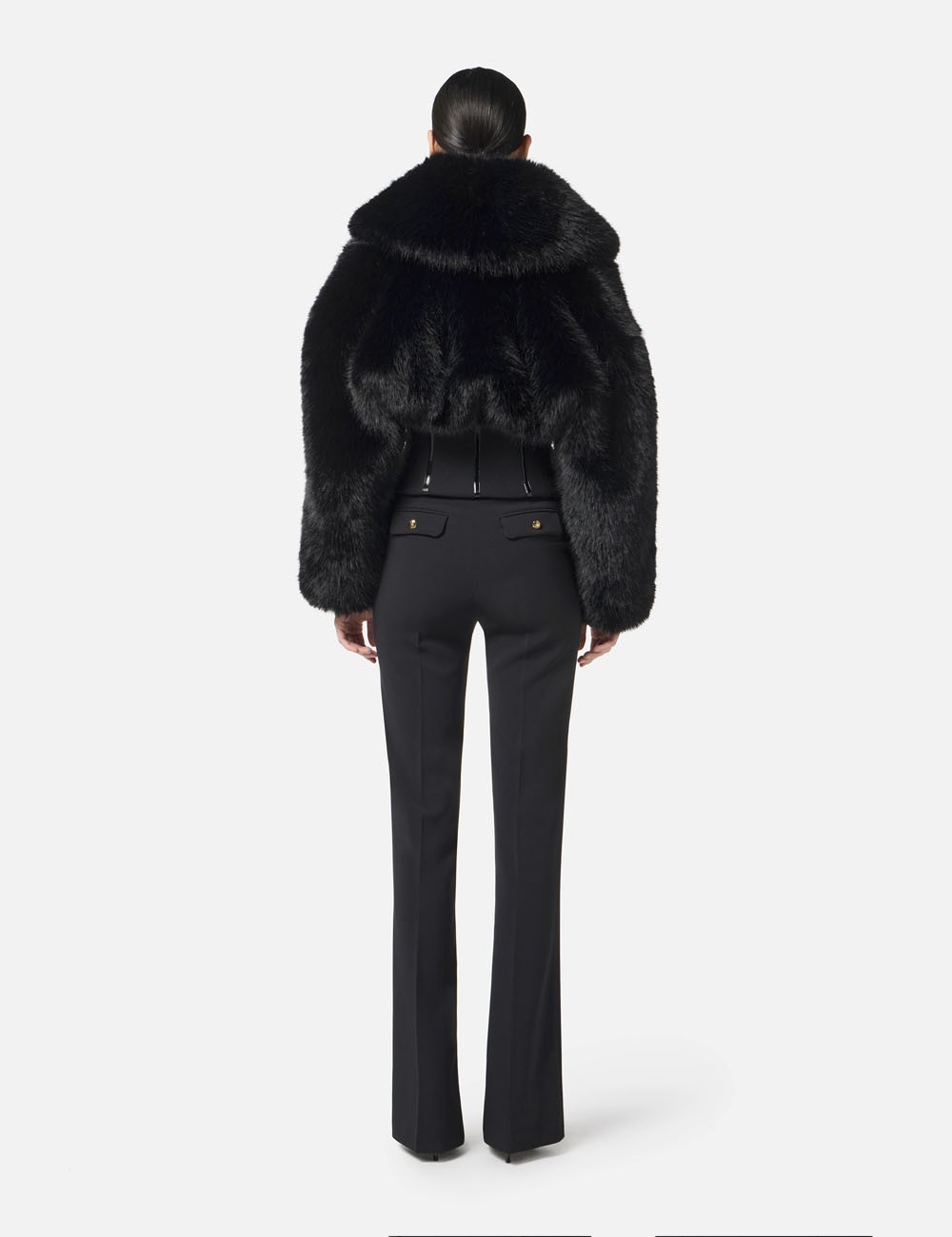 Jacket with fur effect and double-layer crêpe fabric black