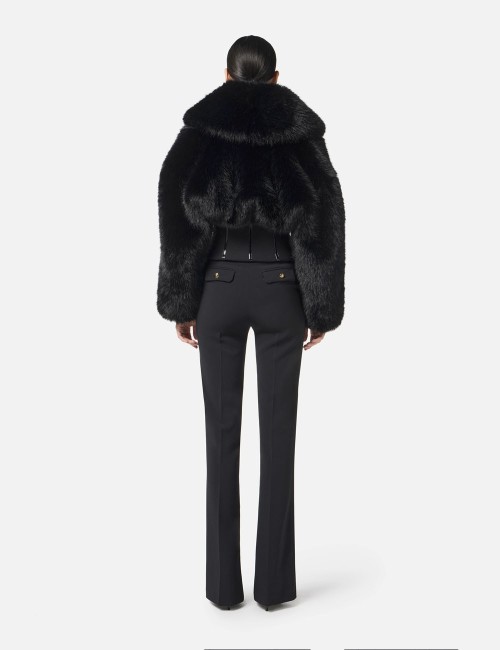 Jacket with fur effect and double-layer crêpe fabric black