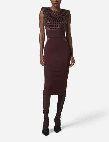 Dress in lightweight crêpe and tulle fabrics with crocodile-effect embroideries merlot