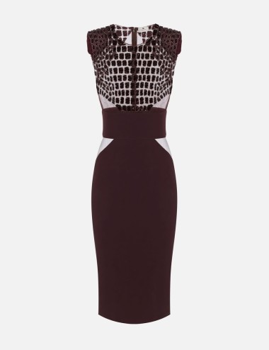 Dress in lightweight crêpe and tulle fabrics with crocodile-effect embroideries merlot
