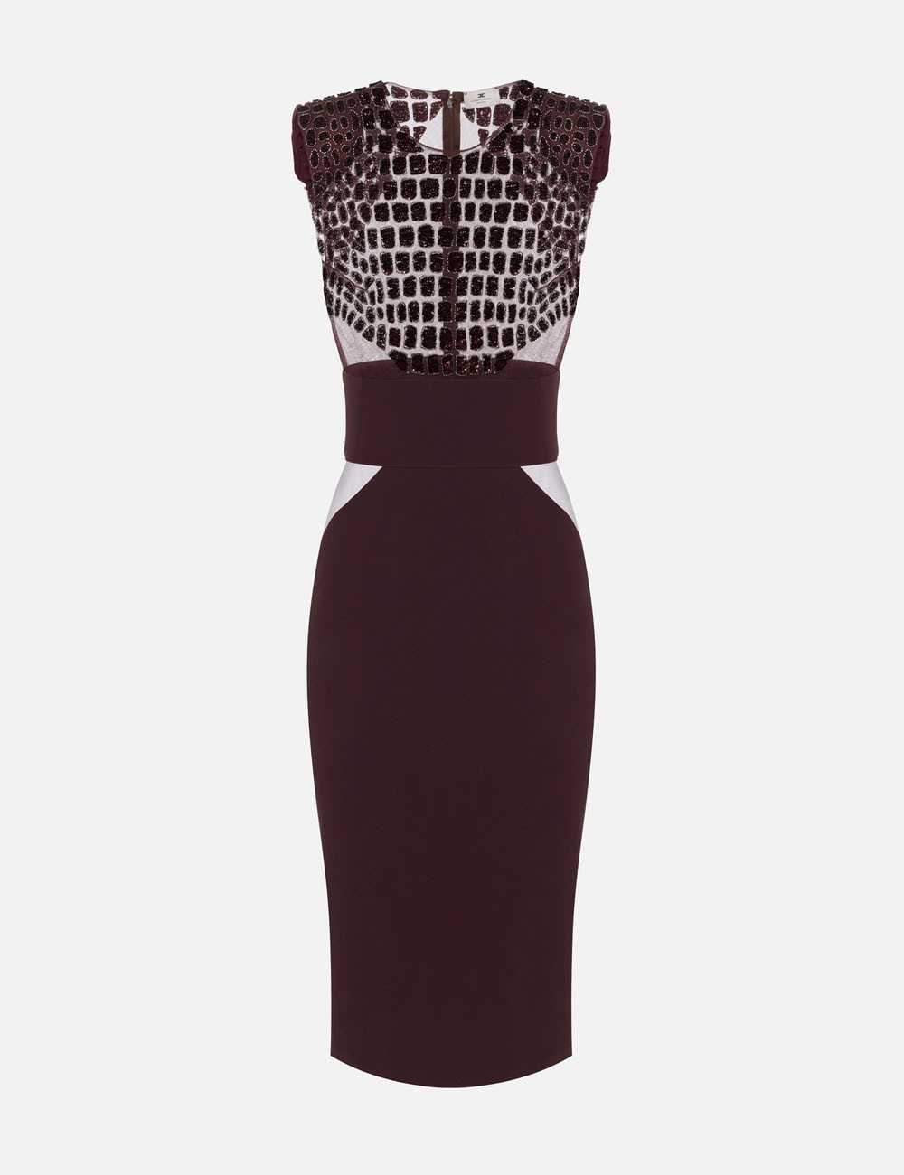 Dress in lightweight crêpe and tulle fabrics with crocodile-effect embroideries merlot