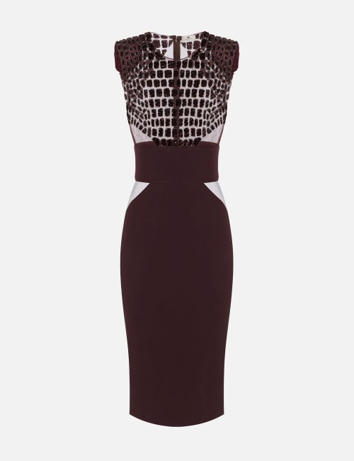 Dress in lightweight crêpe and tulle fabrics with crocodile-effect embroideries merlot