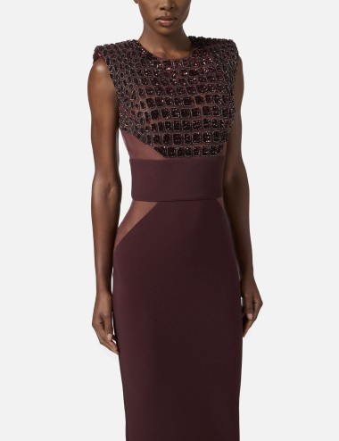 Dress in lightweight crêpe and tulle fabrics with crocodile-effect embroideries merlot