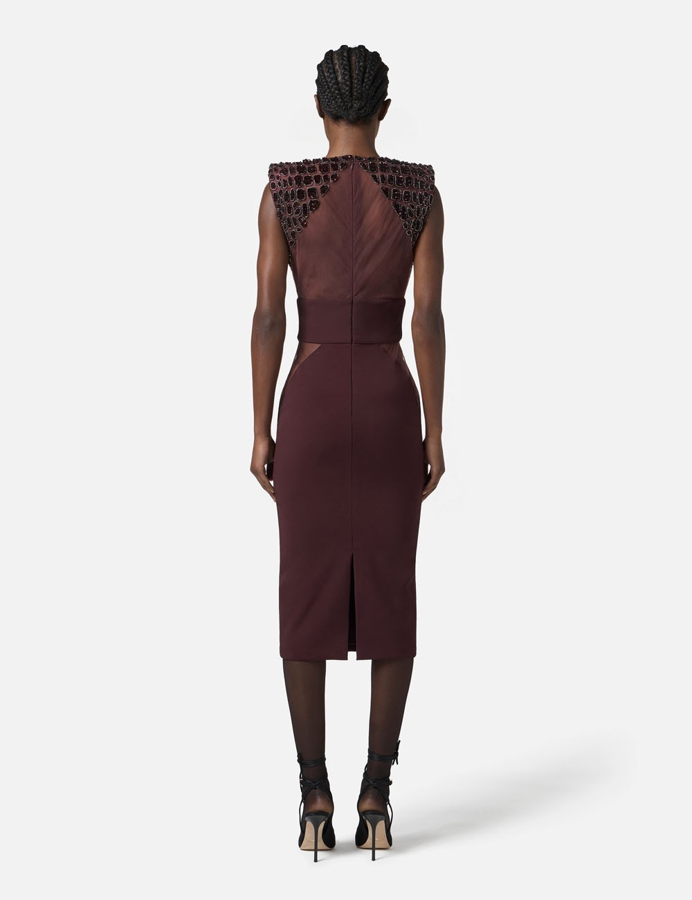 Dress in lightweight crêpe and tulle fabrics with crocodile-effect embroideries merlot