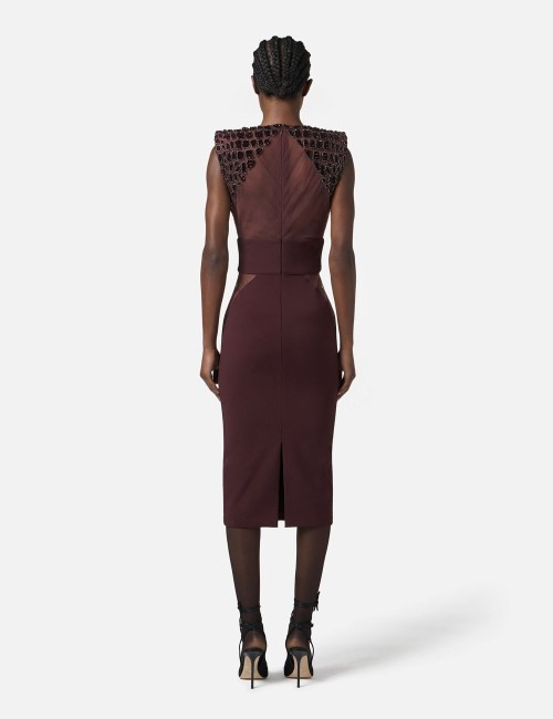 Dress in lightweight crêpe and tulle fabrics with crocodile-effect embroideries merlot