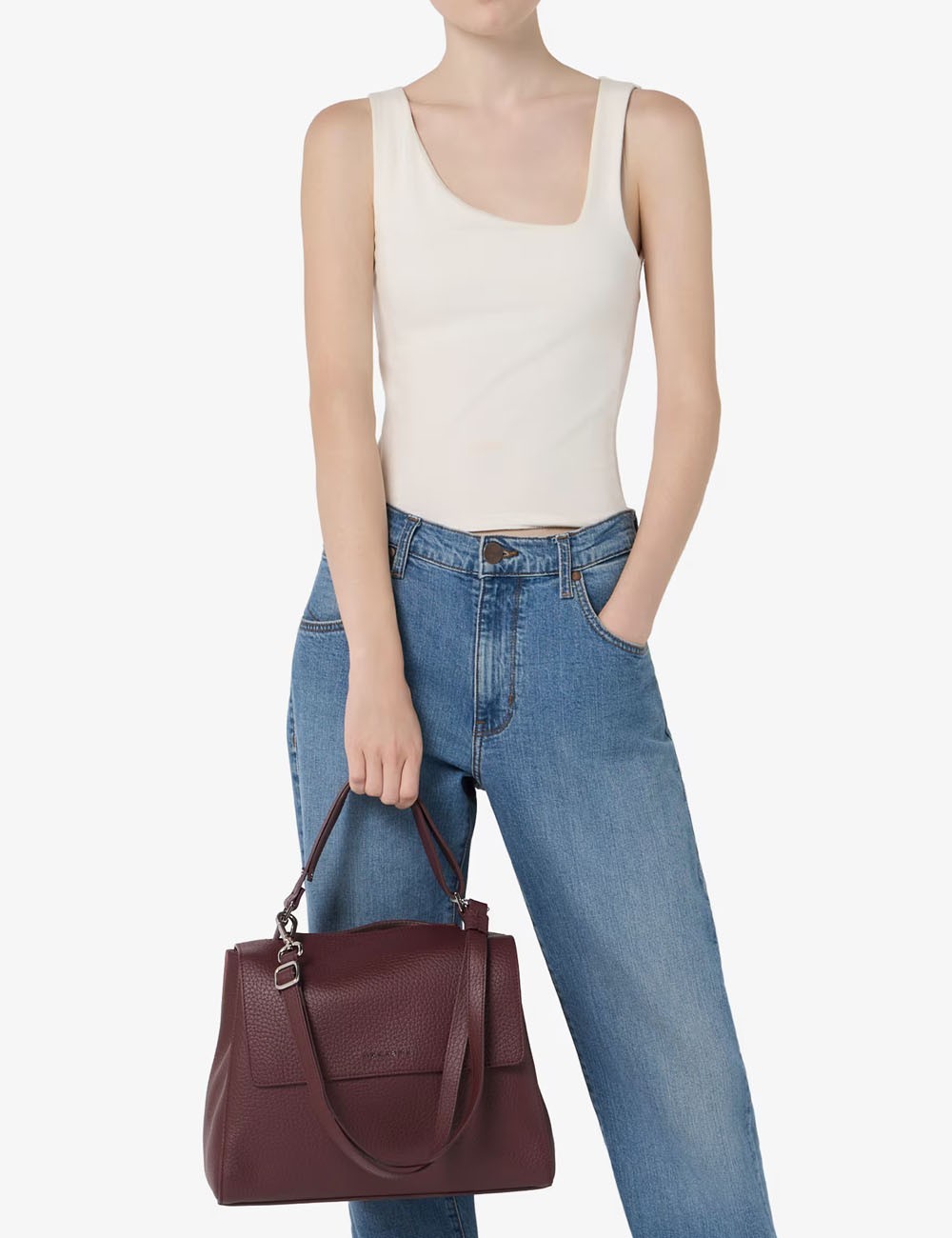 Borsa Sveva Soft Media a spalla in pelle con tracolla chianti