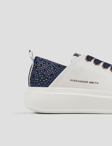 Sneakers Wembley Woman in white leather and rhinestones blue heel