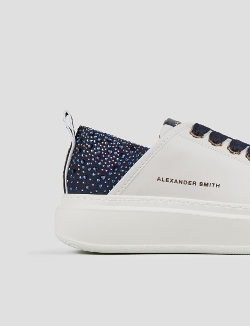 Sneakers Wembley Woman in white leather and rhinestones blue heel