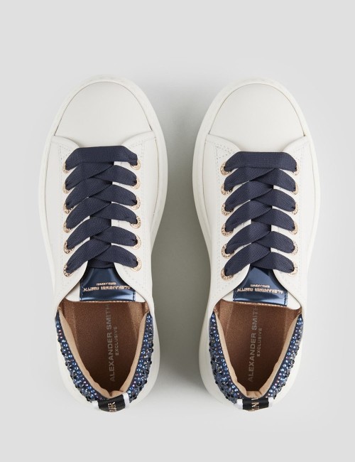 Sneakers Wembley Woman in white leather and rhinestones blue heel
