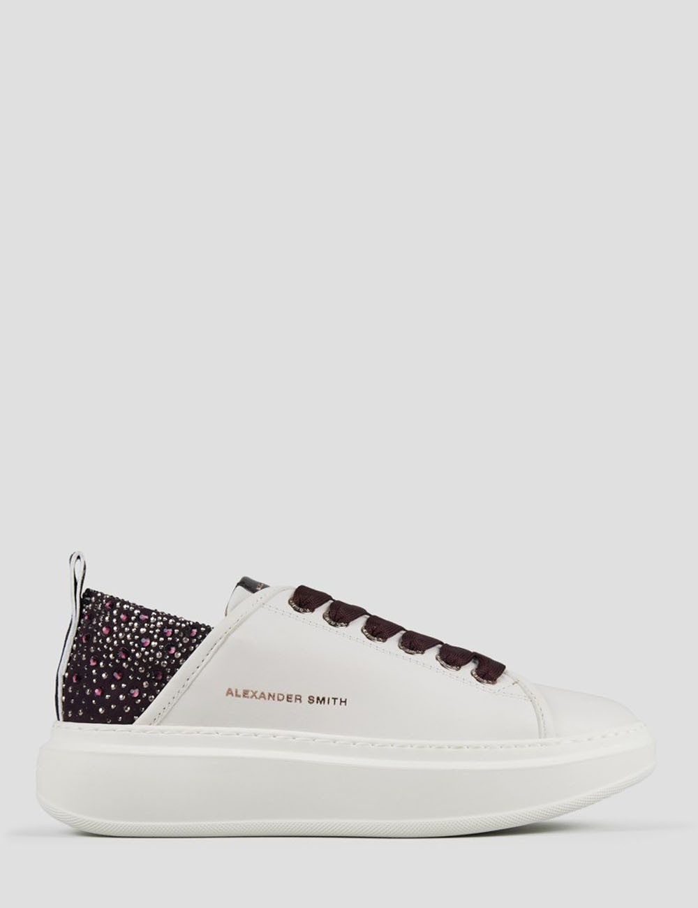 Sneakers Wembley in white leather and rhinestones bordeaux heel