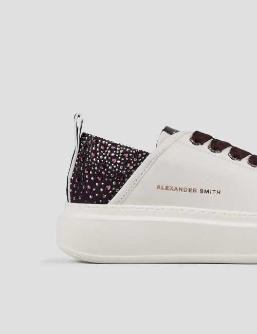 Sneakers Wembley in white leather and rhinestones bordeaux heel