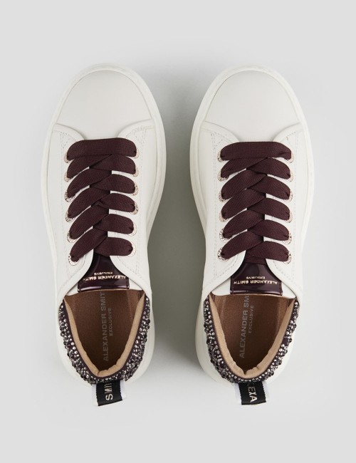 Sneakers Wembley in white leather and rhinestones bordeaux heel