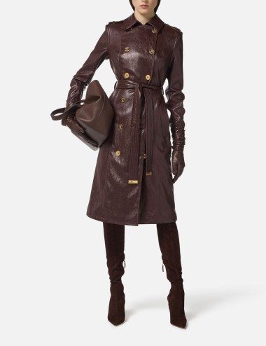 Crackled leather-effect trench coat merlot