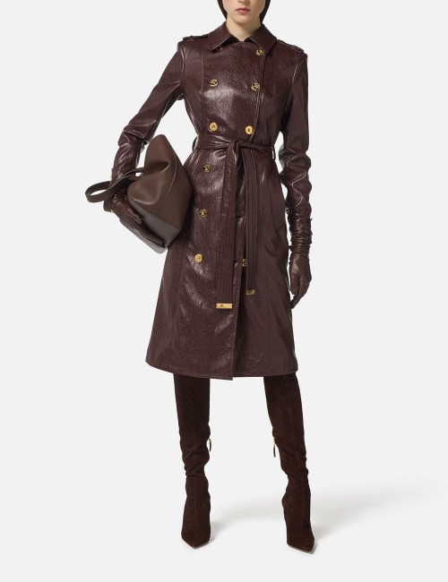 Crackled leather-effect trench coat merlot