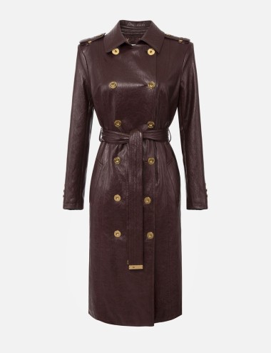 Crackled leather-effect trench coat merlot
