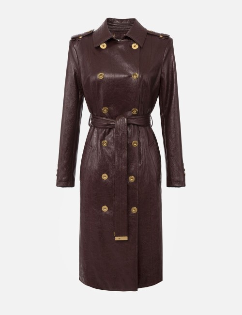 Crackled leather-effect trench coat merlot