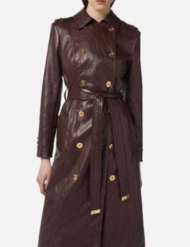 Crackled leather-effect trench coat merlot