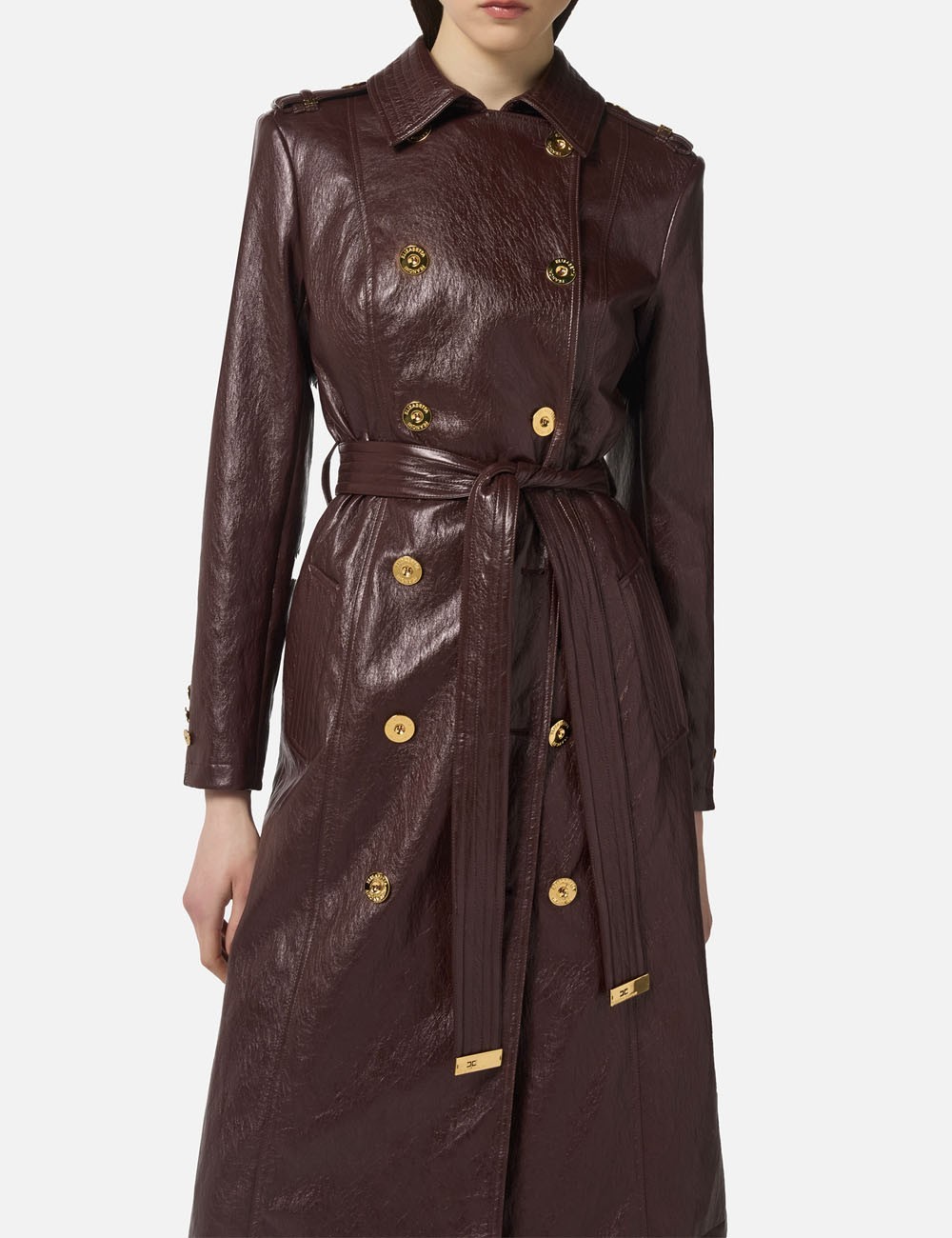 Crackled leather-effect trench coat merlot