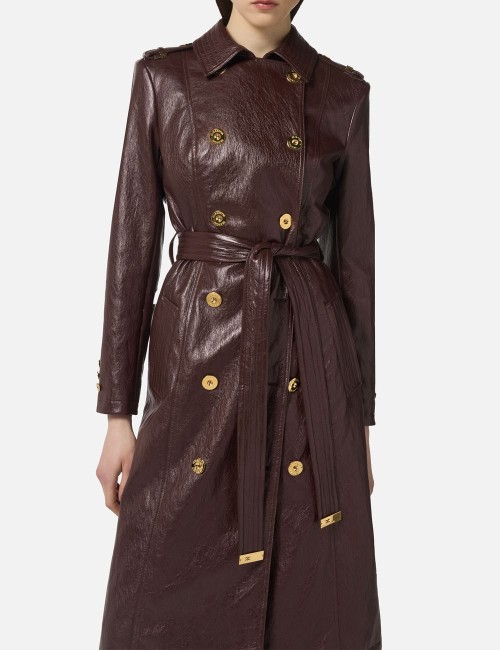 Crackled leather-effect trench coat merlot