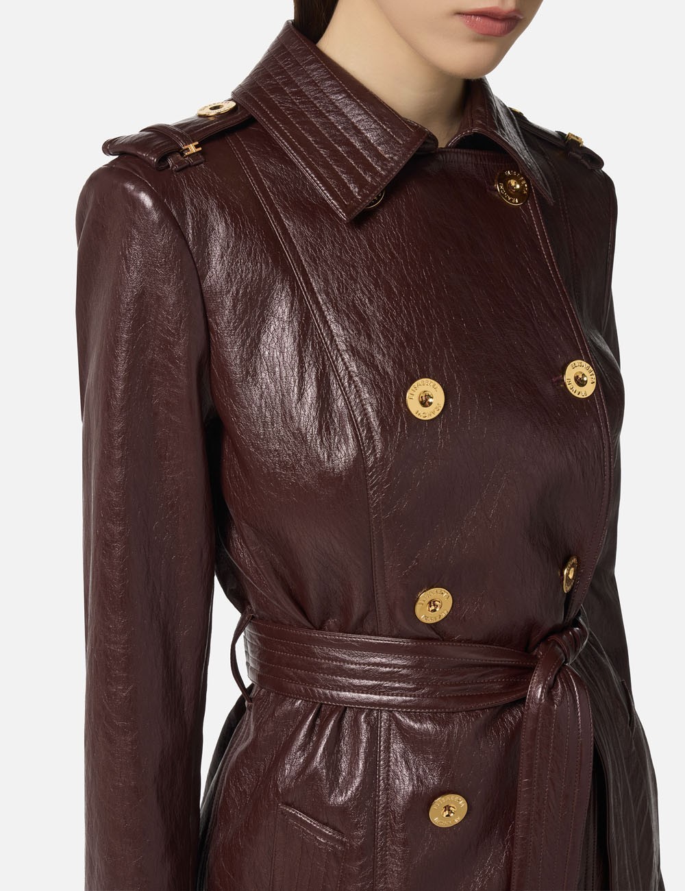 Crackled leather-effect trench coat merlot