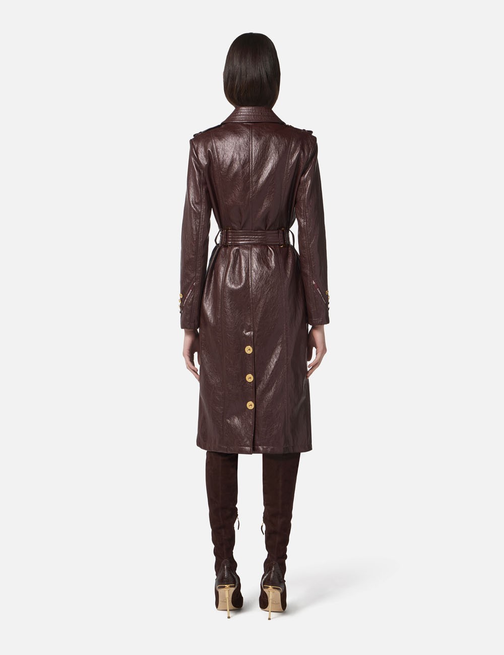 Crackled leather-effect trench coat merlot