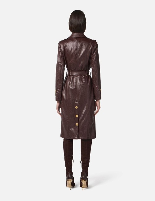 Crackled leather-effect trench coat merlot