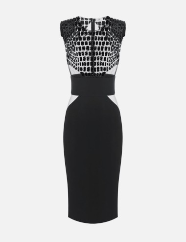 Dress in lightweight crêpe and tulle fabrics with crocodile-effect embroideries black