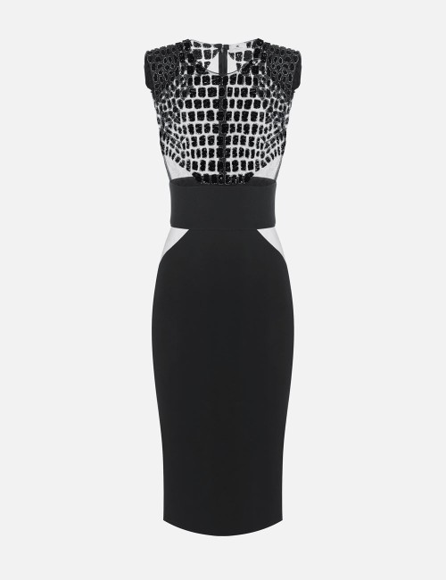 Dress in lightweight crêpe and tulle fabrics with crocodile-effect embroideries black