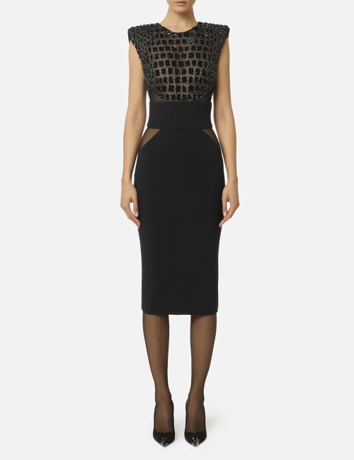 Dress in lightweight crêpe and tulle fabrics with crocodile-effect embroideries black