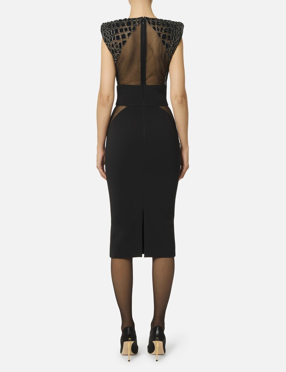 Dress in lightweight crêpe and tulle fabrics with crocodile-effect embroideries black