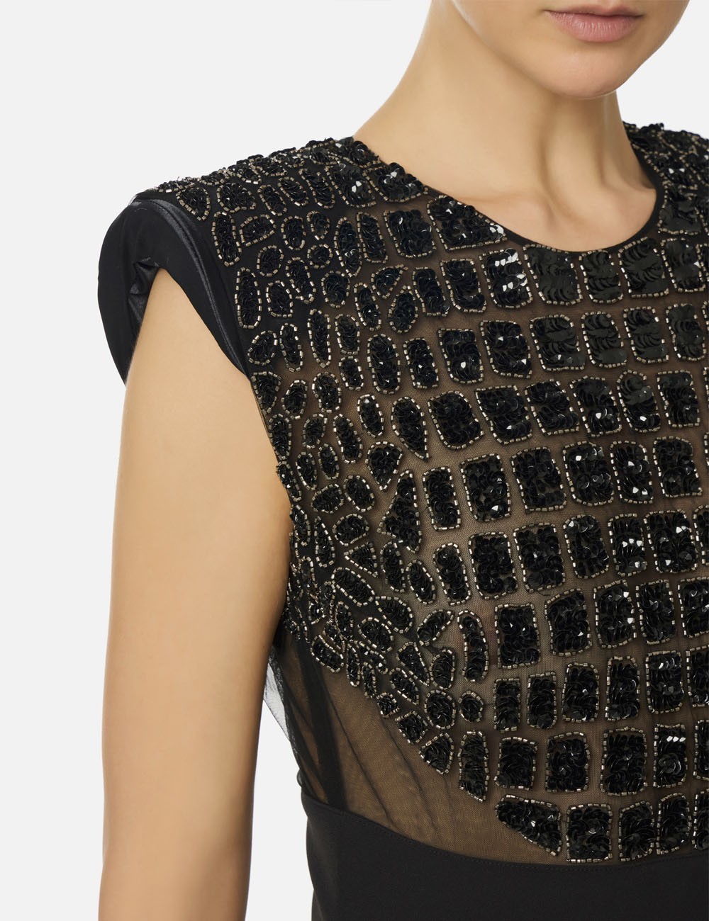 Dress in lightweight crêpe and tulle fabrics with crocodile-effect embroideries black