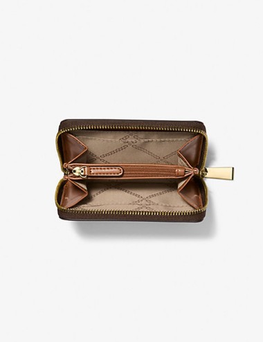 Porta carte di credito zip-around Jet Set piccolo con logo BRONZO/GHIANDA