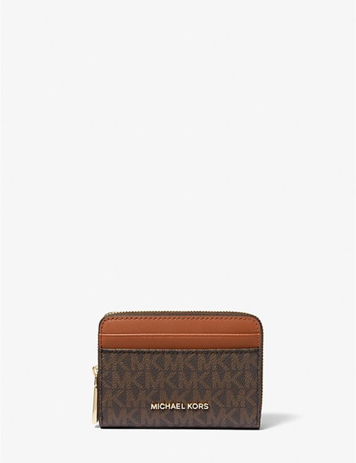 Porta carte di credito zip-around Jet Set piccolo con logo BRONZO/GHIANDA