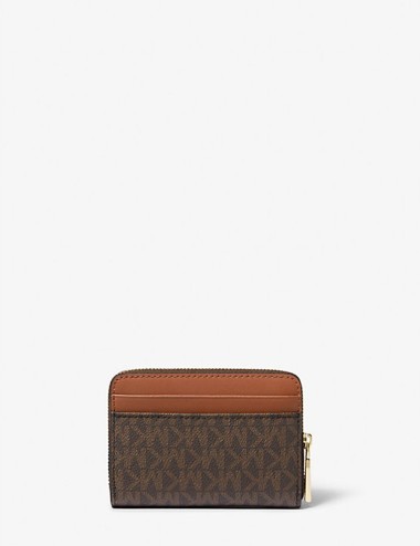 Porta carte di credito zip-around Jet Set piccolo con logo BRONZO/GHIANDA