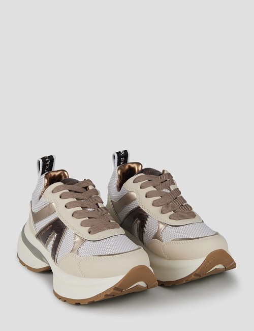 Sneakers Victoria Donna in mesh argento e dettagli specchio con logo laterale marrone