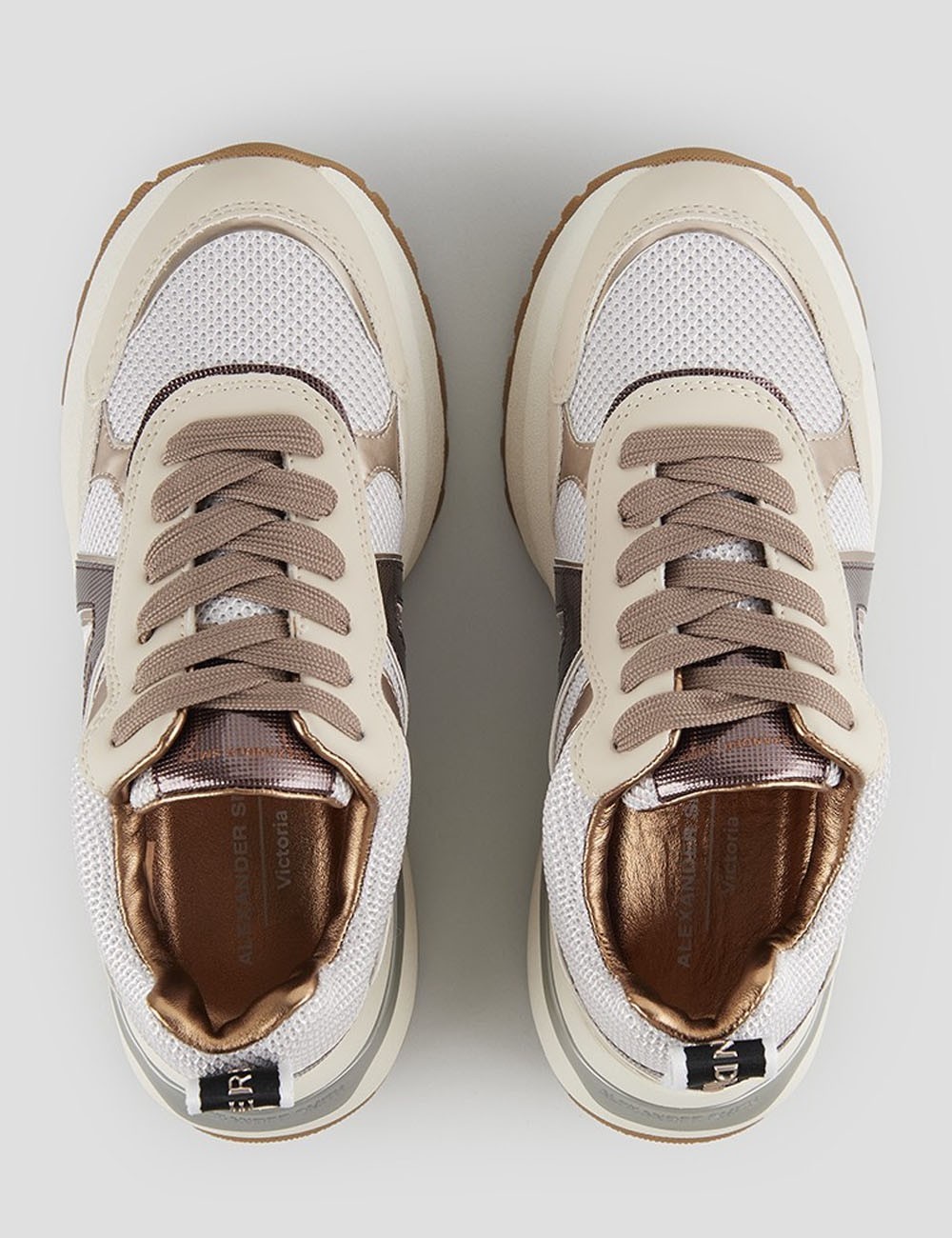 Sneakers Victoria Donna in mesh argento e dettagli specchio con logo laterale marrone