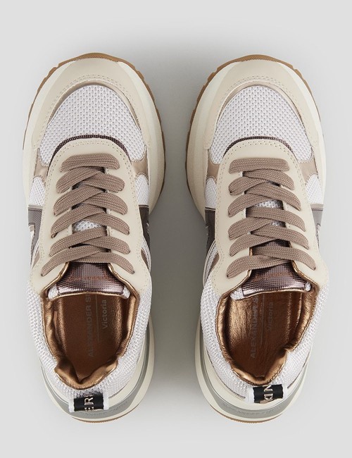 Sneakers Victoria Donna in mesh argento e dettagli specchio con logo laterale marrone