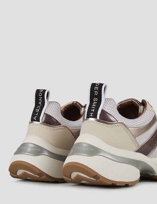 Sneakers Victoria Donna in mesh argento e dettagli specchio con logo laterale marrone