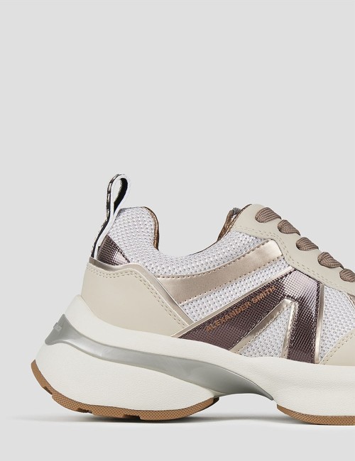 Sneakers Victoria Donna in mesh argento e dettagli specchio con logo laterale marrone