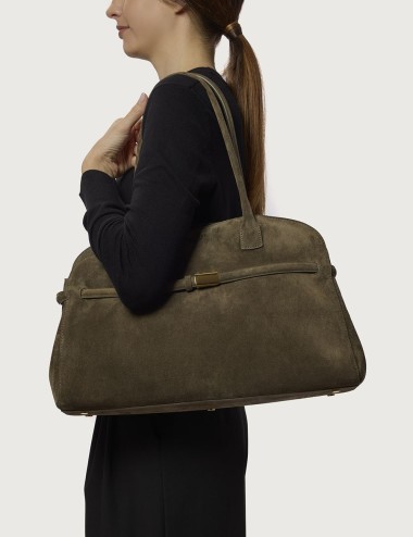 Borsa Aura Peach Large a spalla in suede con tracolla verde bosco