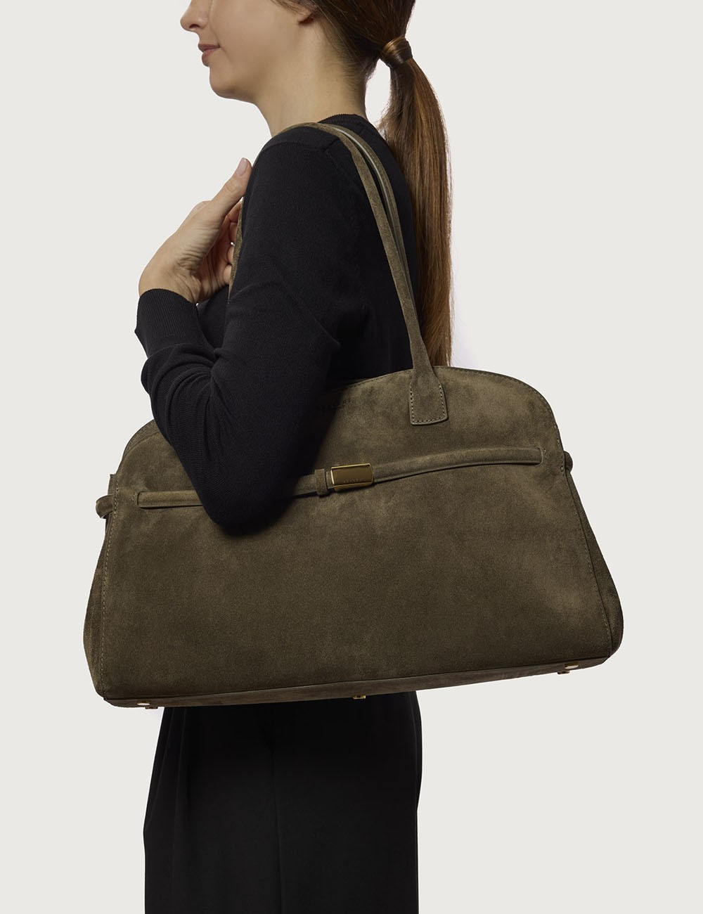Borsa Aura Peach Large a spalla in suede con tracolla verde bosco
