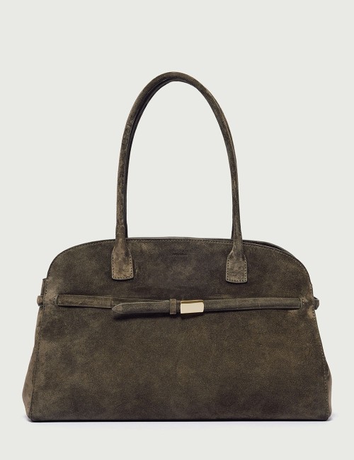 Borsa Aura Peach Large a spalla in suede con tracolla verde bosco