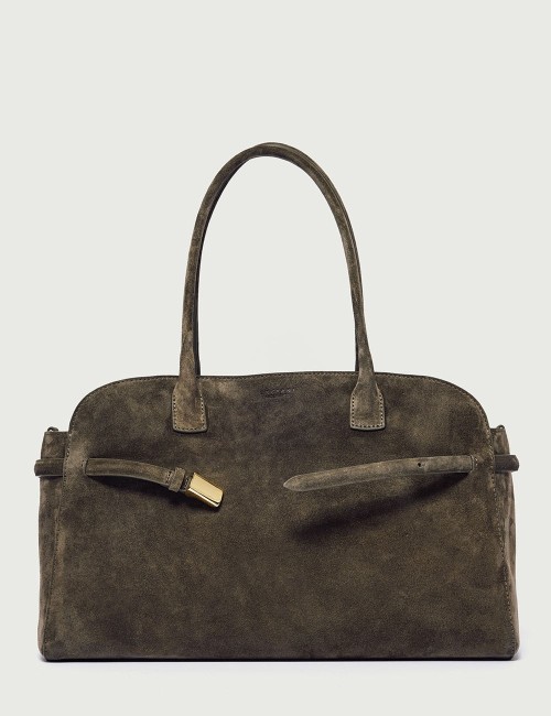 Borsa Aura Peach Large a spalla in suede con tracolla verde bosco
