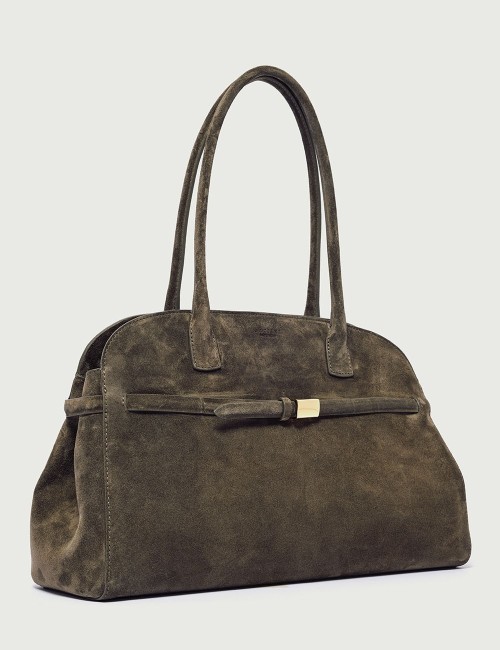 Borsa Aura Peach Large a spalla in suede con tracolla verde bosco