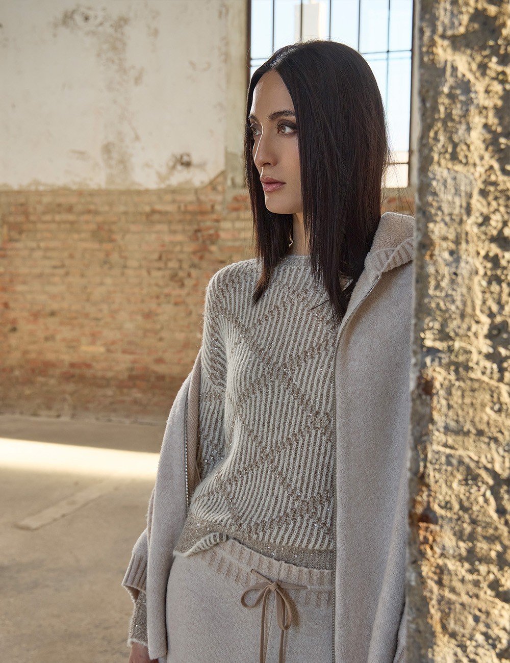 Maglia barchetta rombi con paillettes gesso
