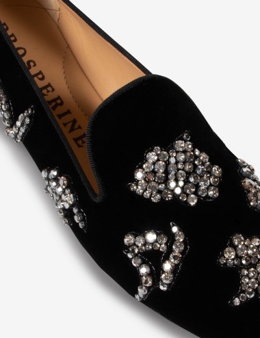 Mocassino in velluto con applicazioni strass nera