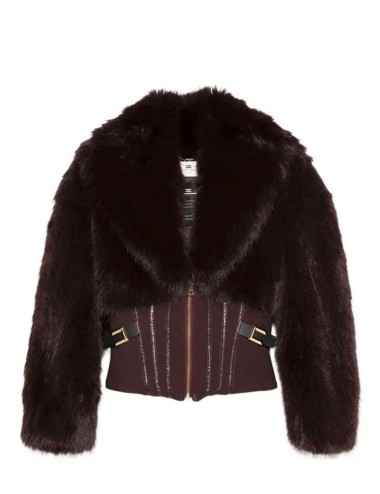 Jacket with fur effect and double-layer crêpe fabric merlot
