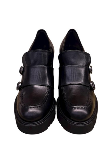 Mocassino in pelle con tacco e fibbie nero