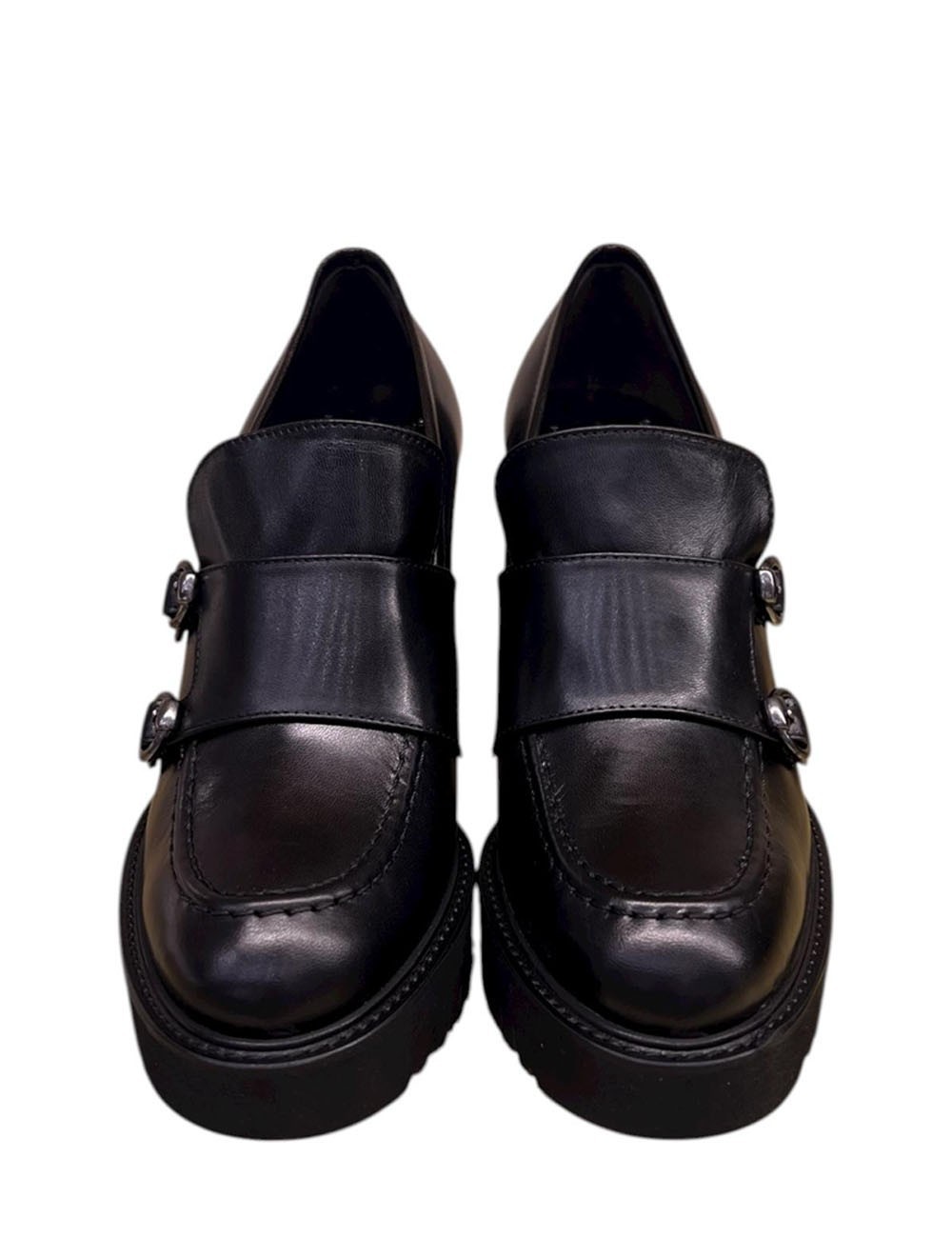 Mocassino in pelle con tacco e fibbie nero