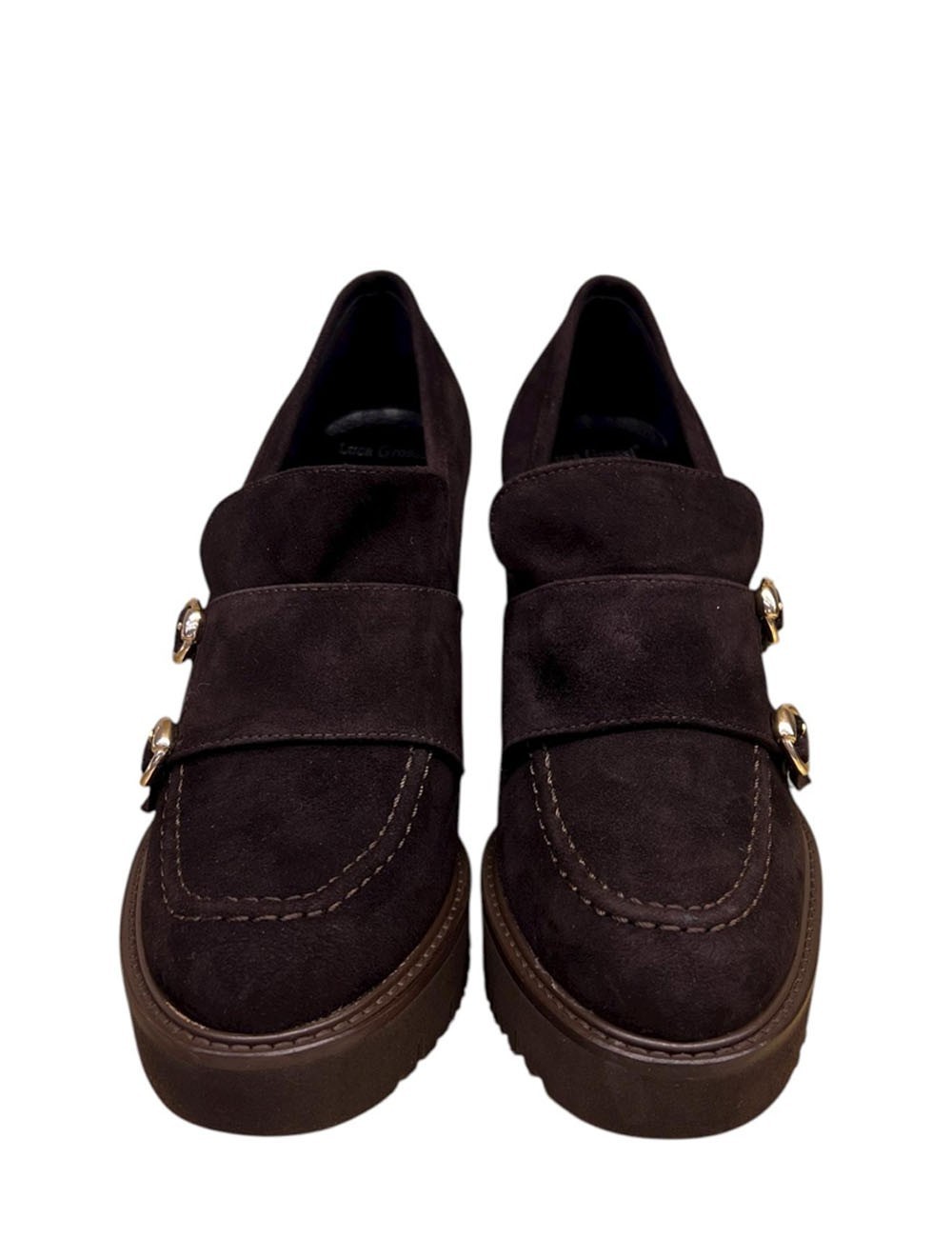 Mocassino scamosciato con tacco e fibbie testa di moro